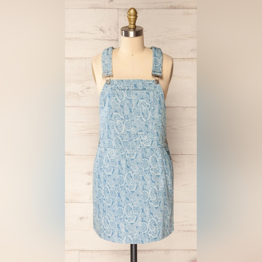 Storia small 100% cotton Blue Denim Overall Dress paisley pattern